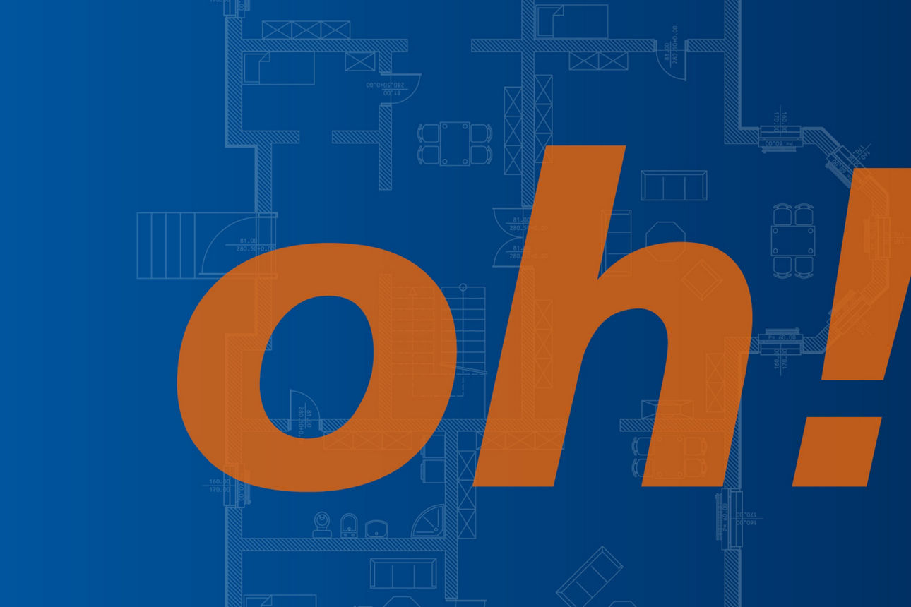 Bild mit Grundriss auf blauem Hintergrund und einem oh! für Immobilien