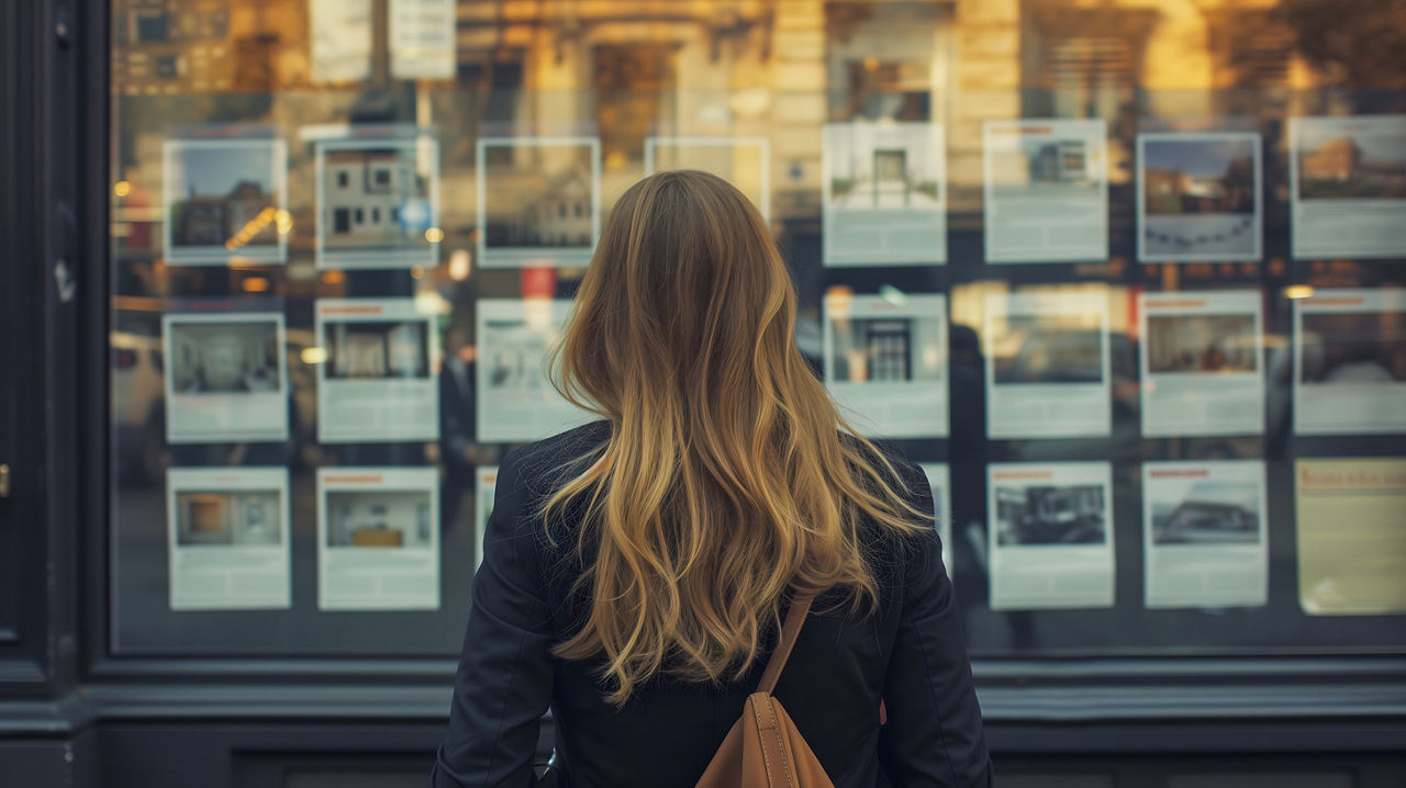 Eine Frau betrachtet Immobilienanzeigen im Schaufenster einer Agentur.