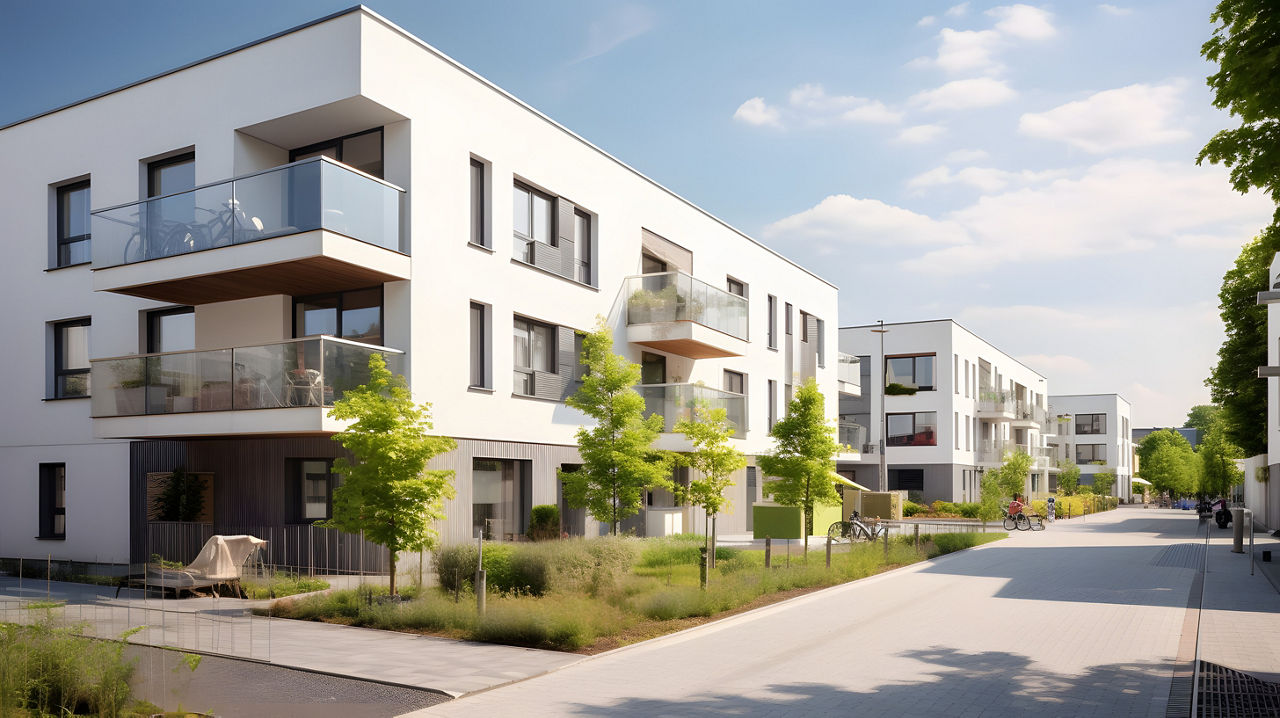 Neubau umgeben von Bäumen