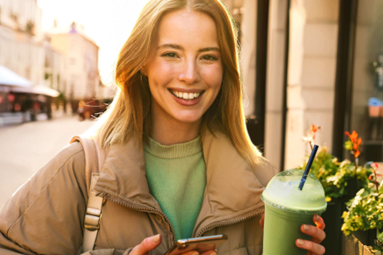 Frau mit Shake und Handy in der Hand