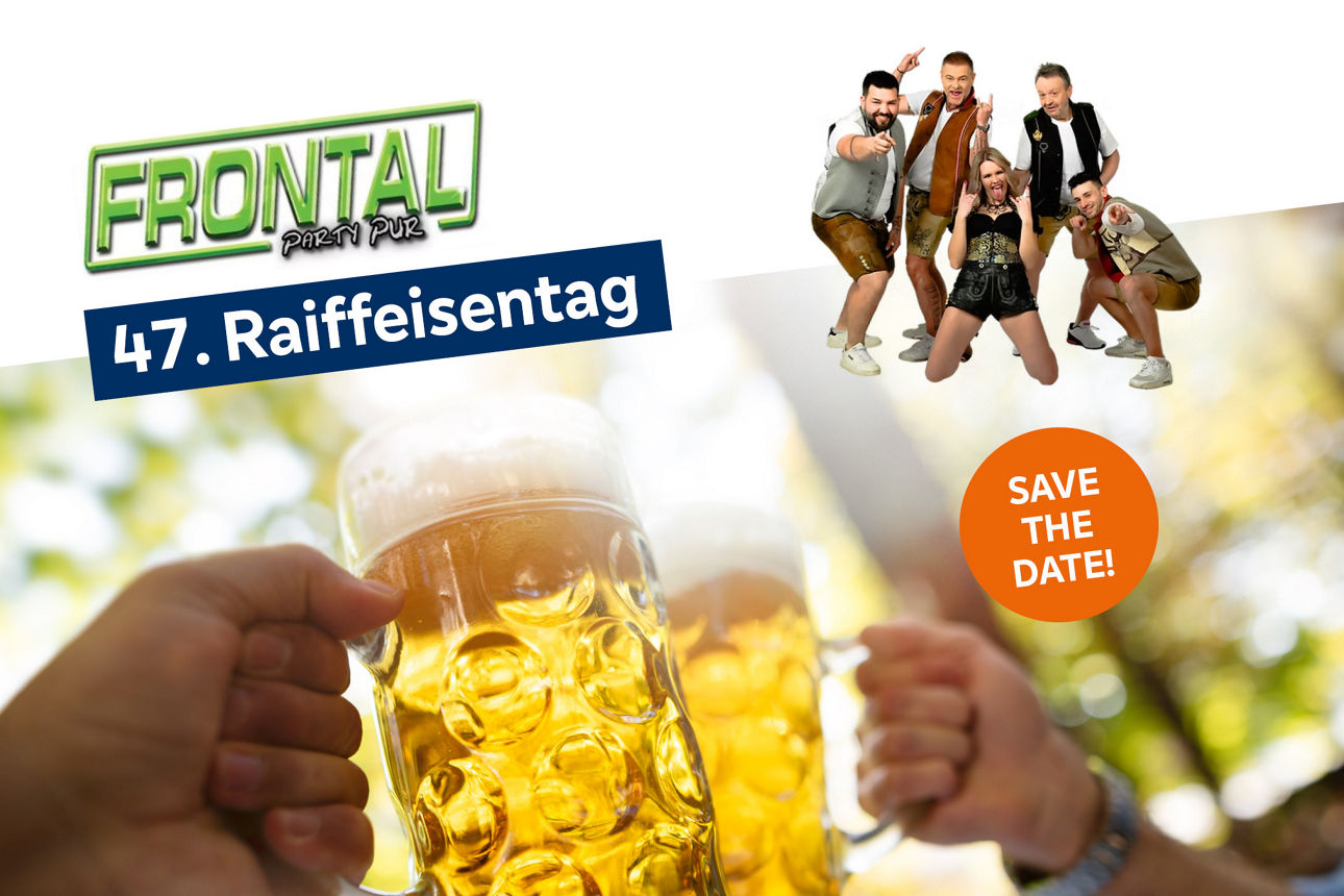 Bild mit anstoßenden Maßkrügen und der Partyband "Frontal"