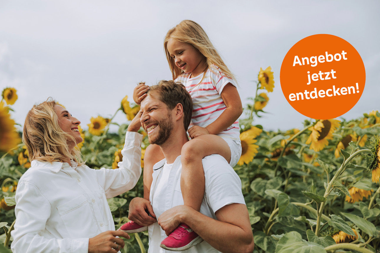 Junge Familie verbringt im Sommer Zeit zusammen im Sonnenblumenfeld