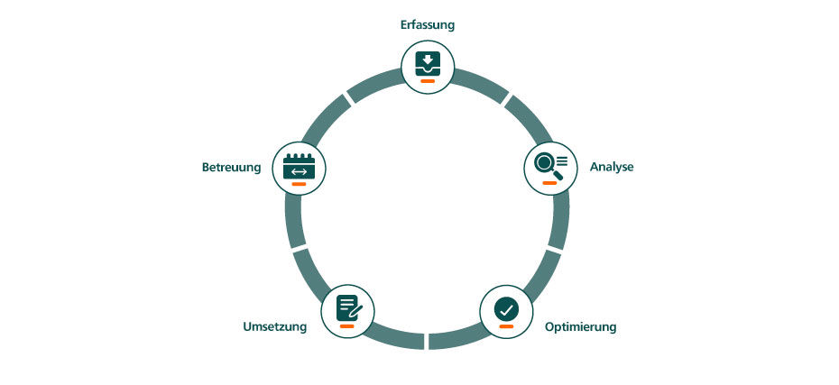 Infografik zur Finanzplanung: Erfassung, Analyse, Optimierung, Umsetzung, Betreuung