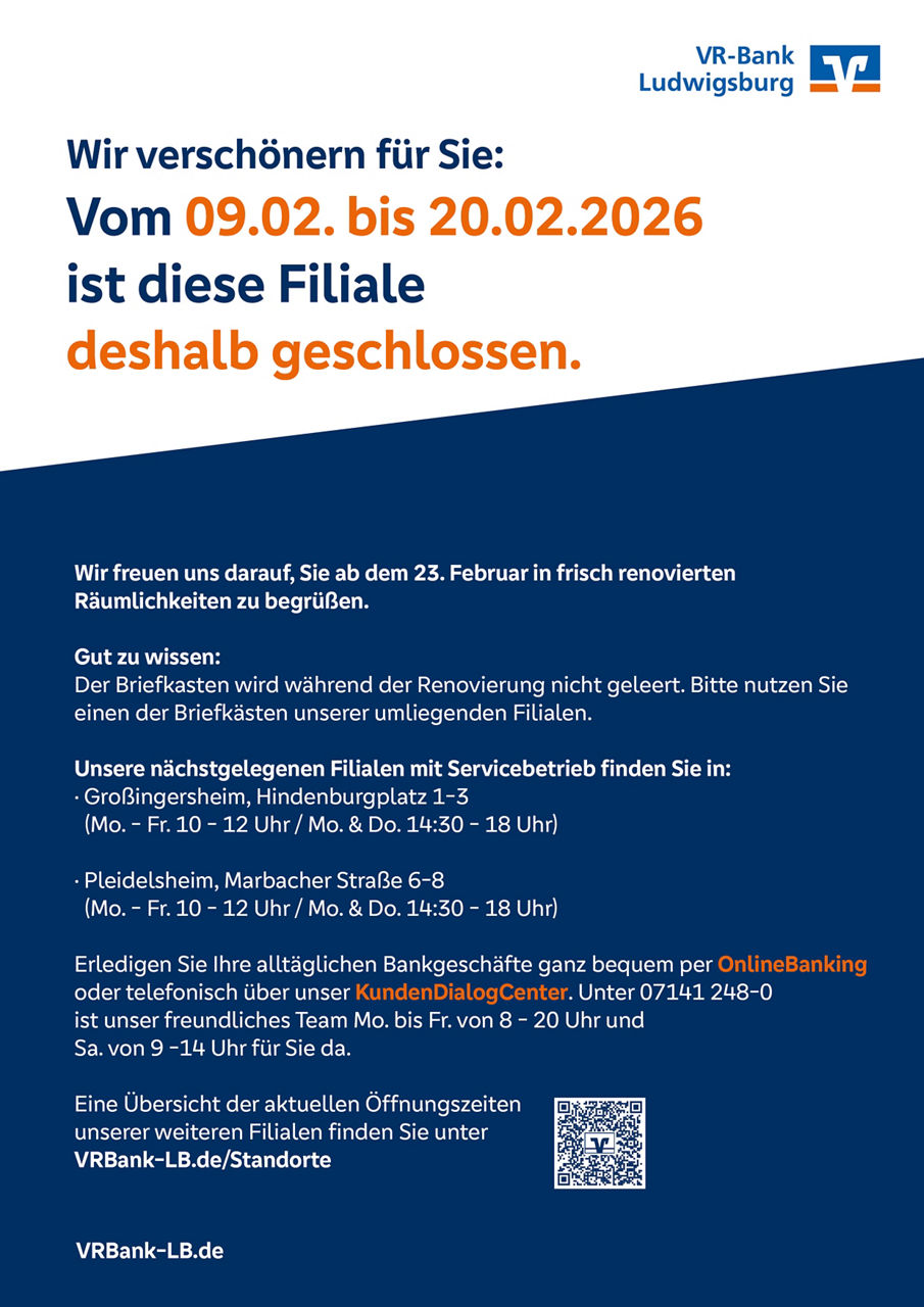 Hinweis wegen Renovierung geschlossen vom 09.02-20.02.