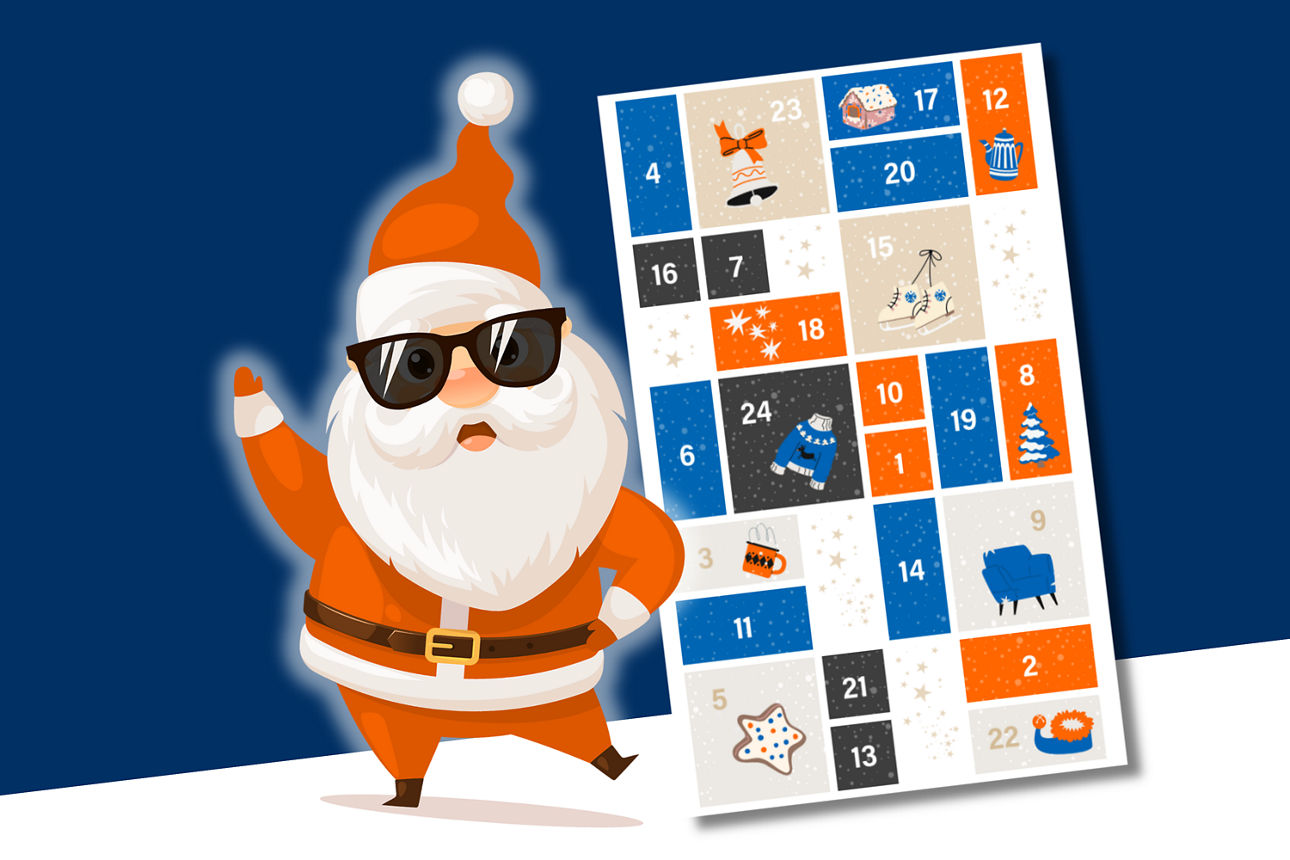 Cooler Weihnachtsmann mit Sonnenbrille und Adventskalender