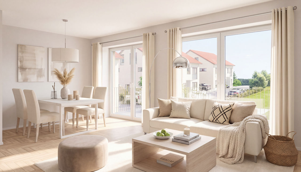 Seiten- und Rückansicht eines modernen Mehrfamilienhauses mit Balkonen, Solaranlage auf dem Dach und großzügiger Grünfläche.