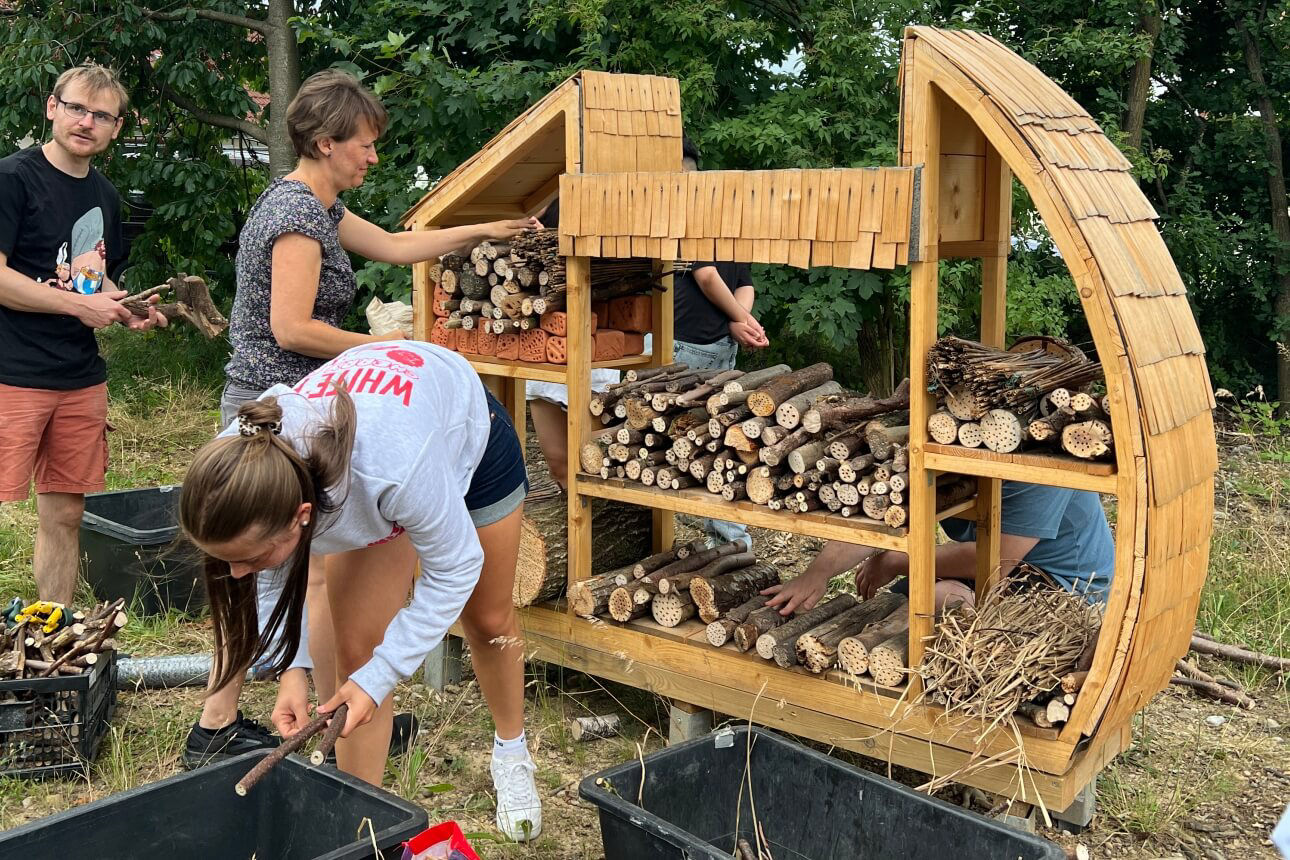 Lehrer und Schüler räumen das Insektenhotel ein
