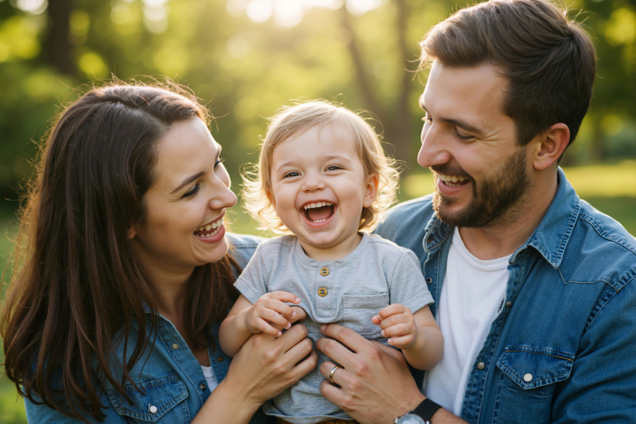 Junge Eltern mit ihrem fröhlichen kleinen Sohn im Park. 