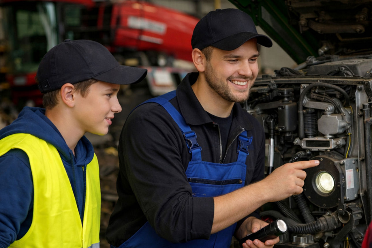 Mechaniker erklärt Jugendlichen Motor in Werkstatt.
