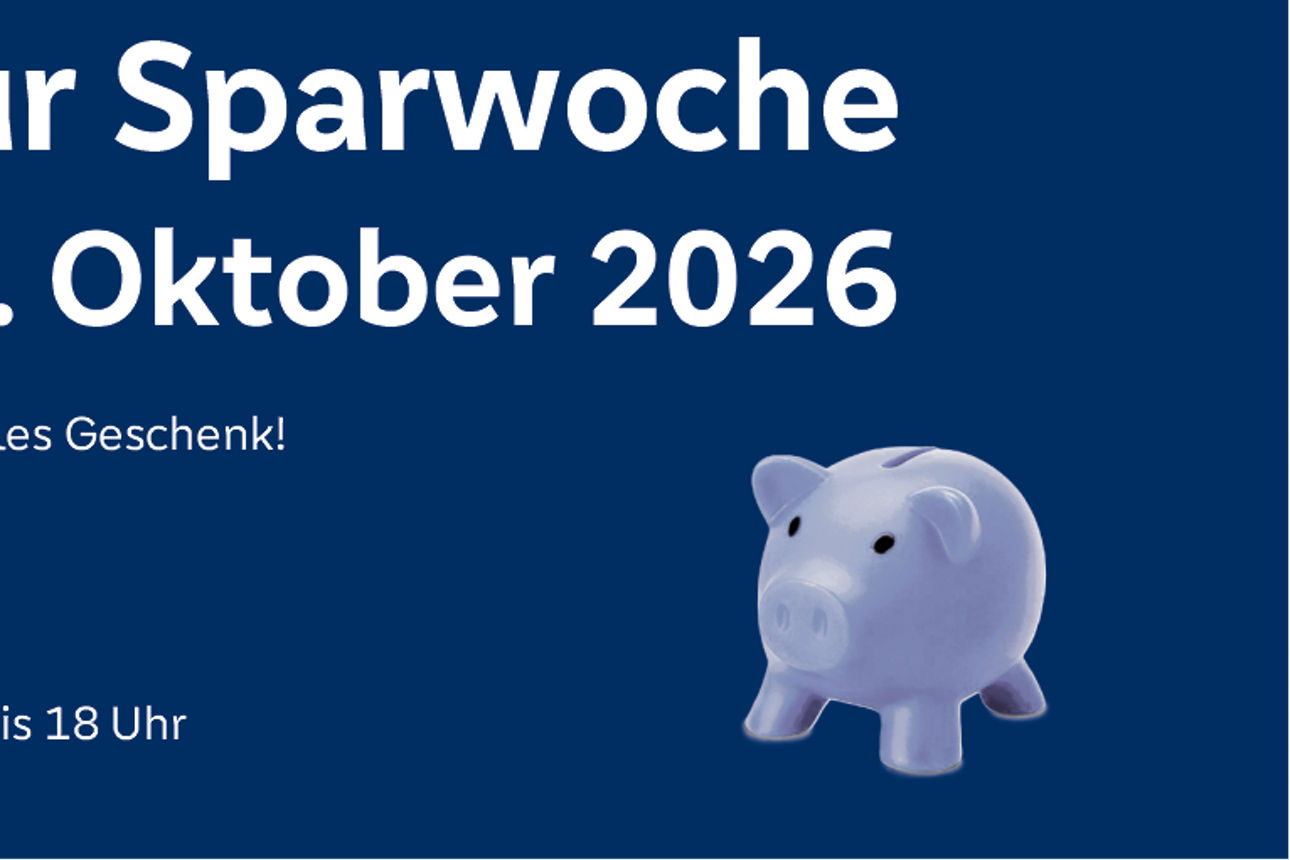 Einladung zur Sparwoche vom 26. bis 30. Oktober 2026 mit Programmpunkten und einem blauen Sparschwein.