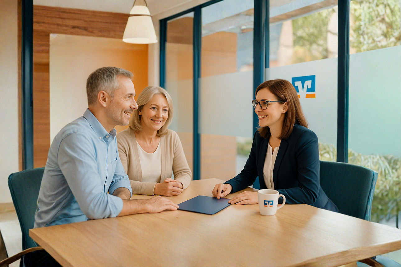 Ein Mann und eine Frau sitzen gegnüber einer Bankberaterin am Tisch, auf dem eine Tasse Kaffee und ein Tablet sind.