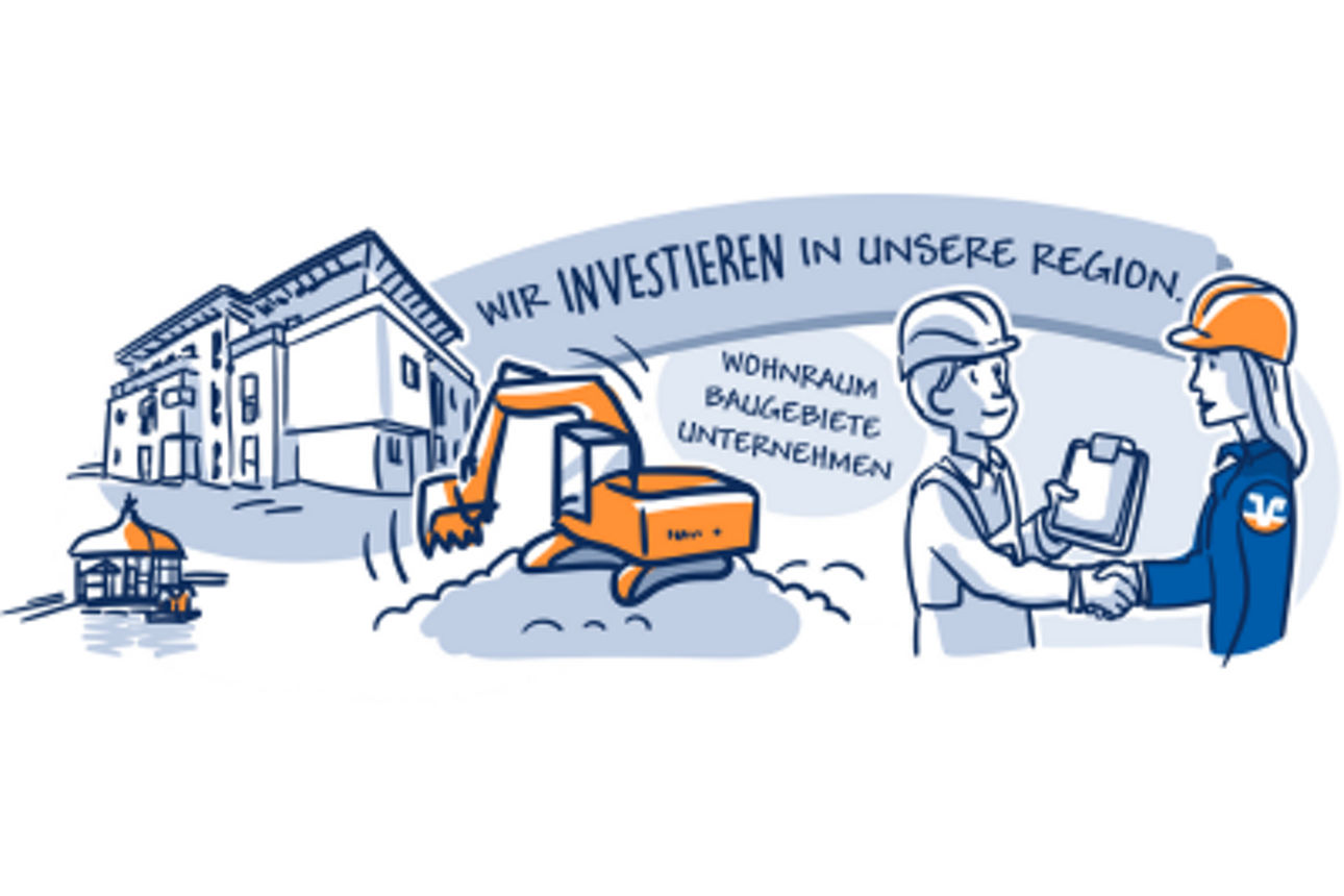 Eine illustrative Grafik zeigt Bauprojekte und Fachkräfte, die sich per Handschlag austauschen.