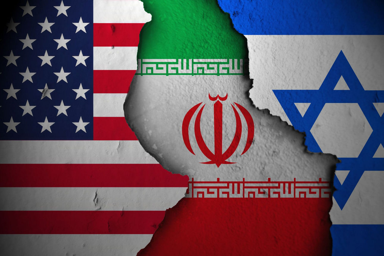 Flaggen USA, Iran und Israel
