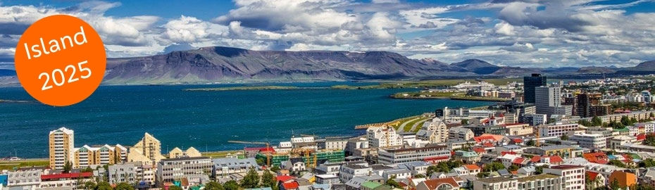 Foto einer isländischen Stadt am Meer mit Klippen im Hintergrund und blauem Himmel