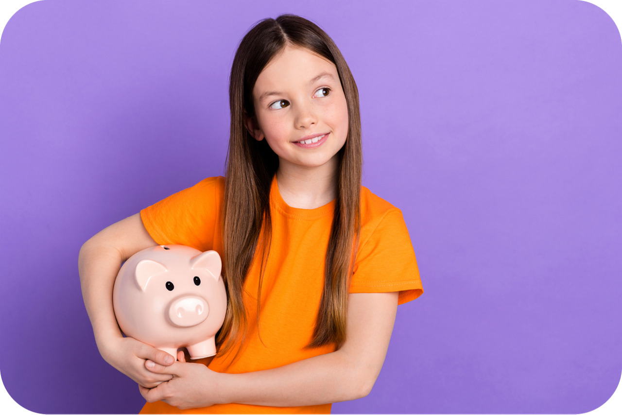 Photo of little cute preteen schoolgirl kid hold piggy bank wallet collect her first money savings isolated on purple back