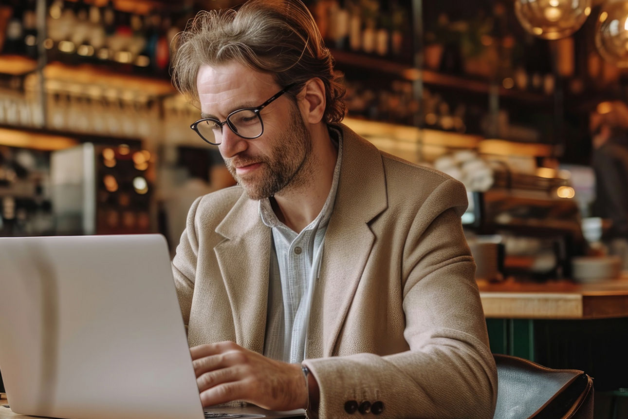 Sie sehen ein Mann der am Laptop sitzt