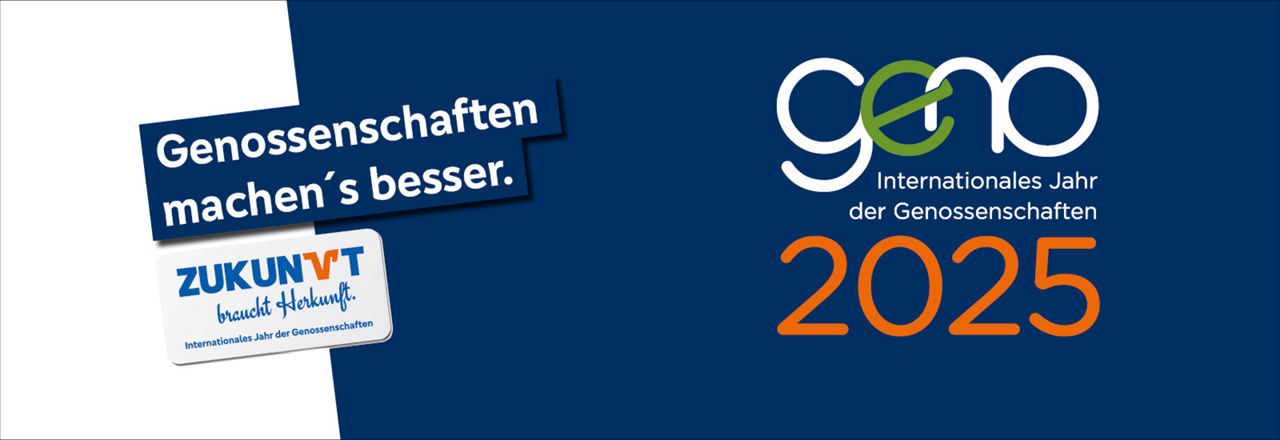 Grafik zum Internationalen Jahr der Genossenschaften 2025 mit dem Slogan ‚Genossenschaften machen’s besser.‘ in Blau, Orange 