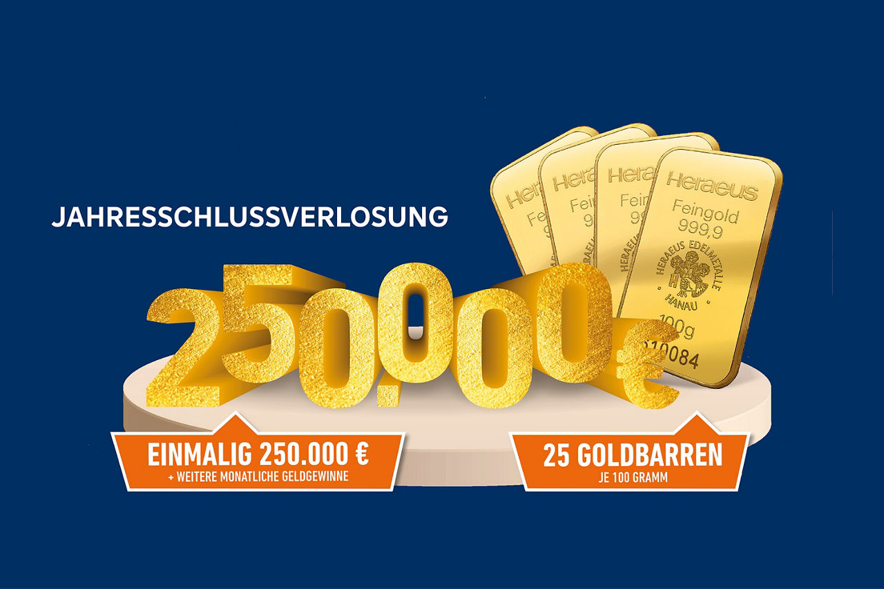 Gewinnsparen Jahresendverlosungen 2025 - Goldbarren und 250.000 Euro