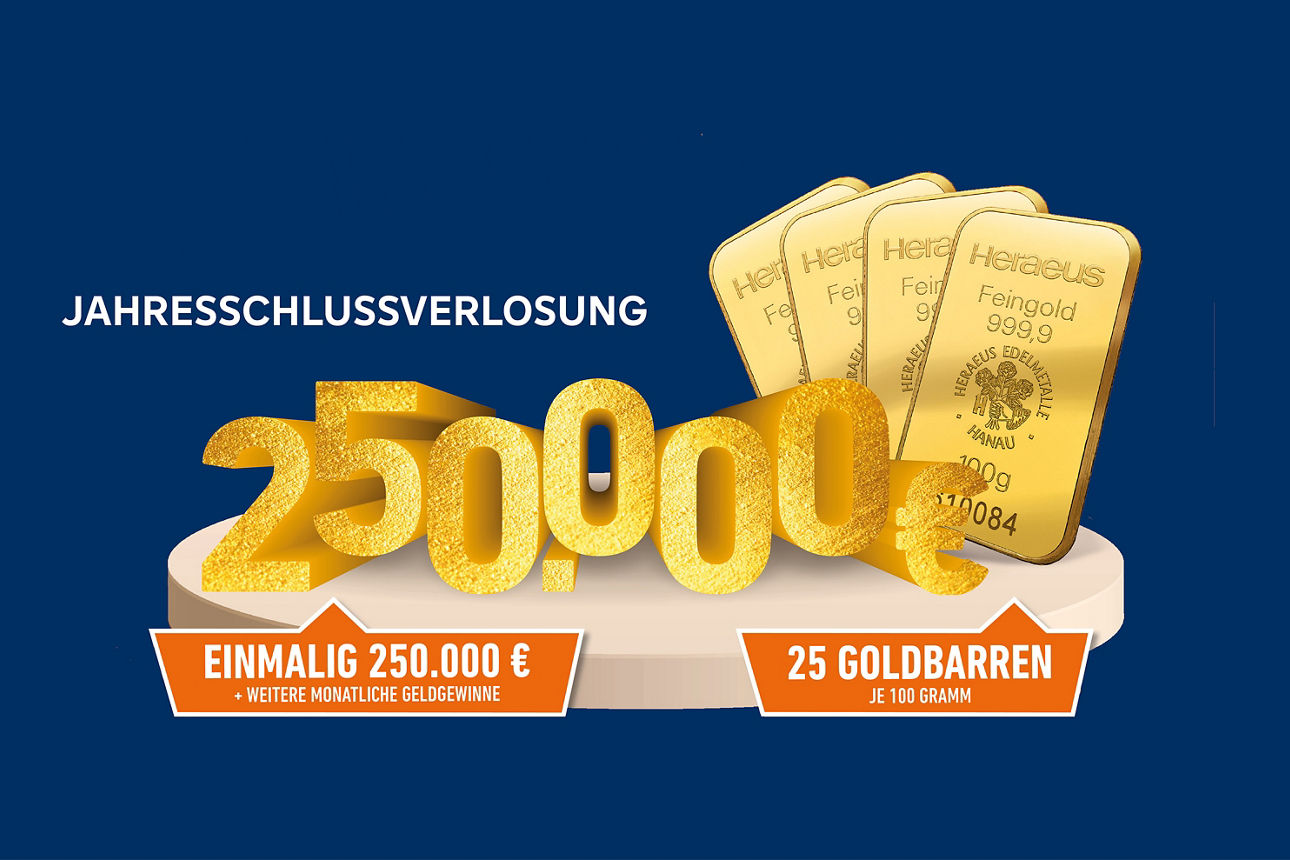 Gewinnsparen Jahresendverlosungen 2025 - Goldbarren und 250.000 Euro