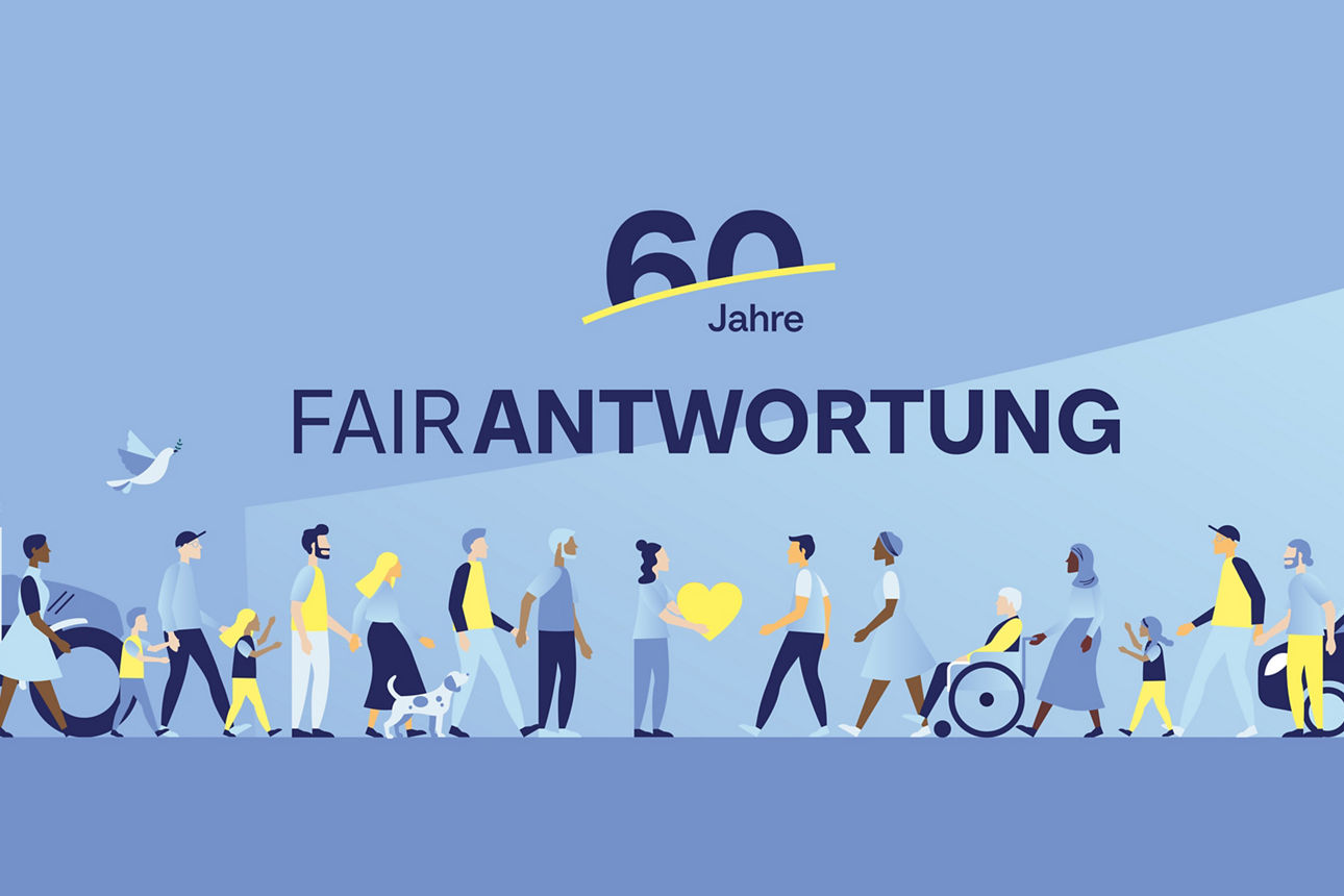 Testbild- wird ausgetauschtIllustrationen von Menschen, die aufeinander zugehen. Darüber: 60 Jahre FAIRANTWORTUNG