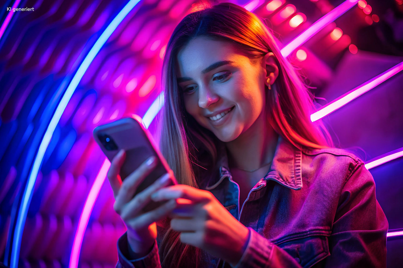 Frau mit langen Haaren in Jeansjacke hält Smartphone vor buntem, neonbeleuchtetem Hintergrund.