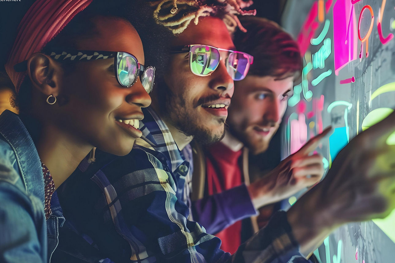 Drei Personen stehen vor einer Glaswand mit bunten Markierungen und schreiben oder zeichnen darauf.
