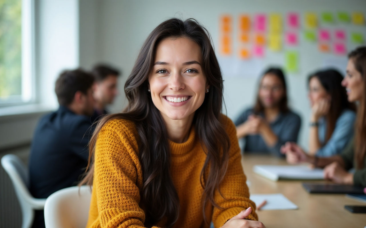 Eine junge Frau im Büro mit weiteren Teammitgliedern im Hintergrund