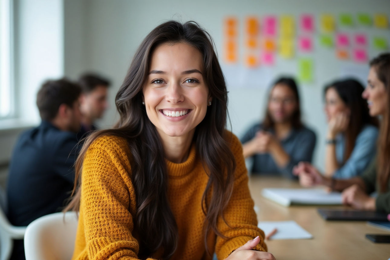 Eine junge Frau im Büro mit weiteren Teammitgliedern im Hintergrund