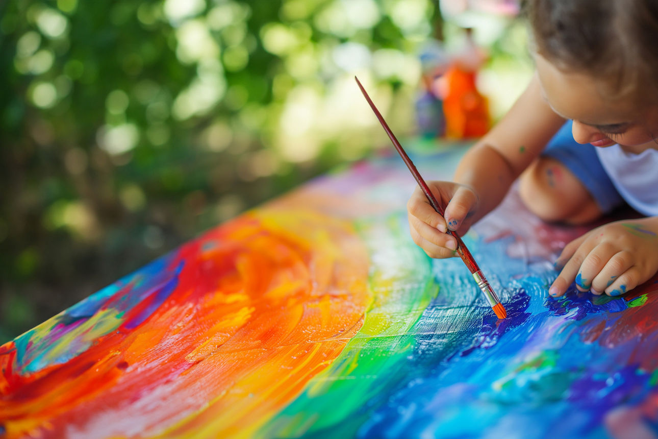 Ein kleines Mädchen malt mit einem Pinsel und bunten Farben auf einer Leinwand