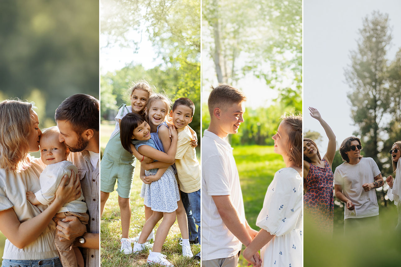 Collage aus vier Bildern mit Kindern, Jugendlichen und jungen Erwachsenen in verschiedenen Lebensphasen im Freien 