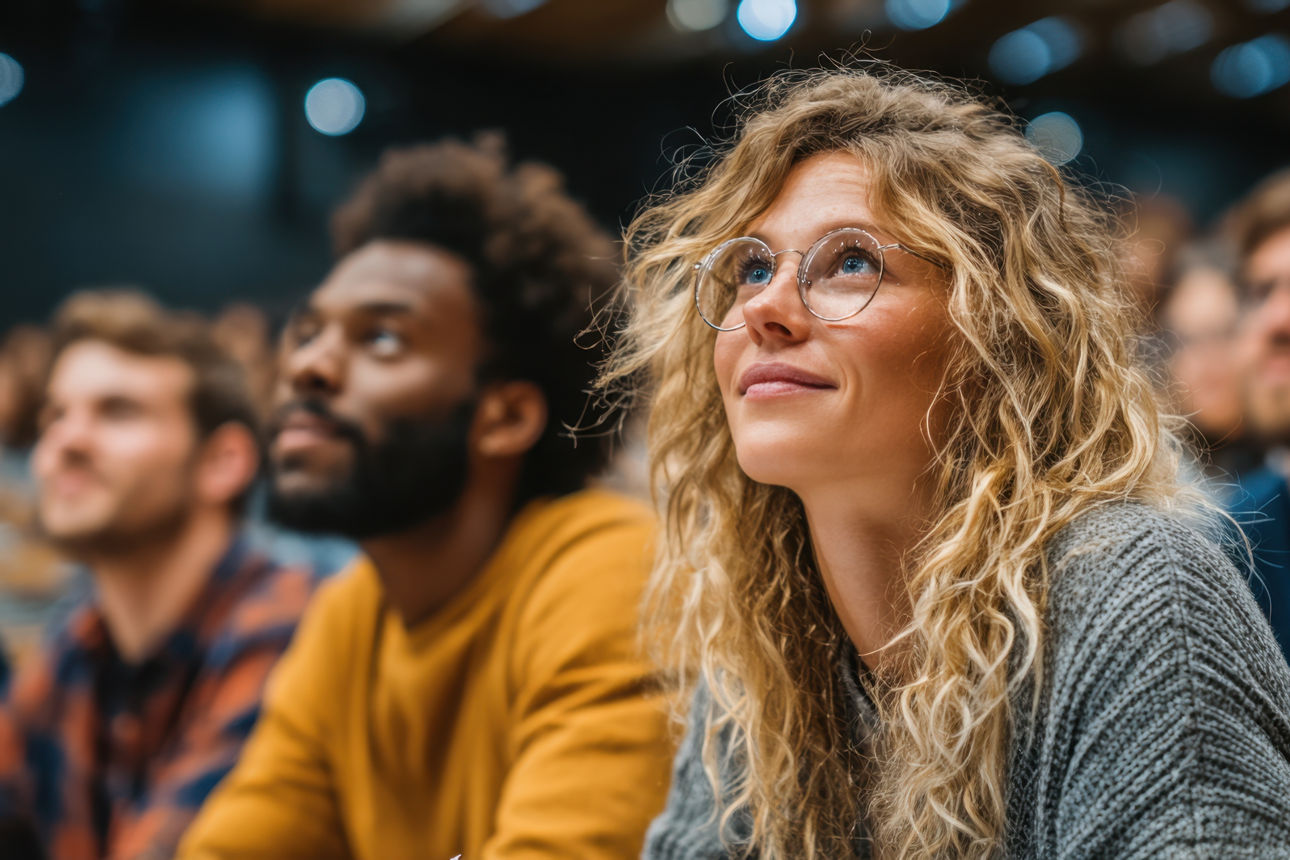 Mehrere Personen, die in einem Hörsaal sitzen und aufmerksam nach vorne schauen, mit Notizbüchern und Stiften vor sich.