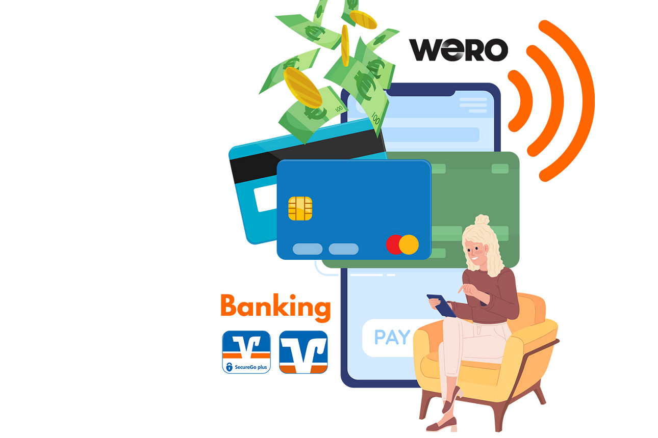 Eine Frau sitzt mit Tablet vor Symbolen für Online-Banking, Kreditkarten und kontaktloses Bezahlen.