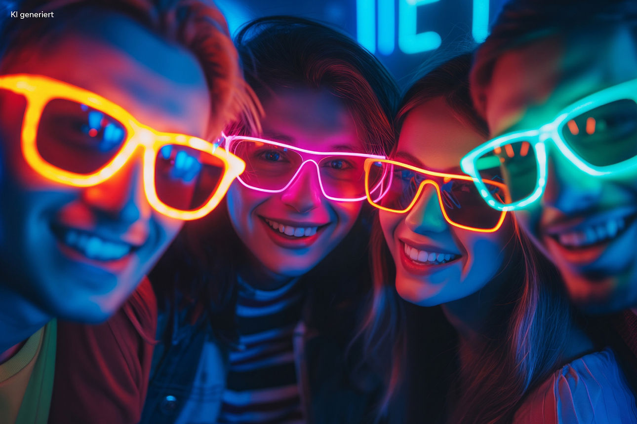 Vor einem Neon Hintergrund stehen vier junge Menschen mit leuchtenden Brillen und lachen. 