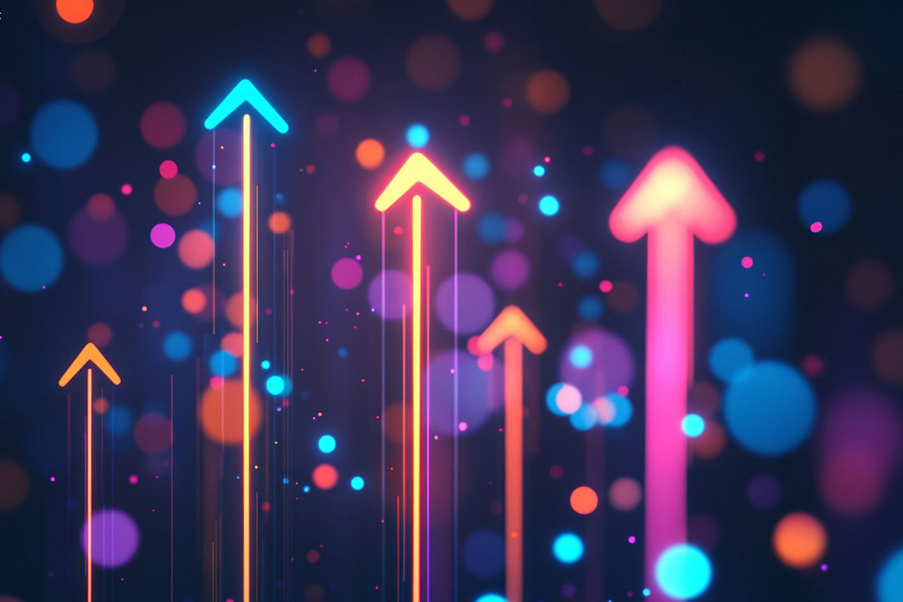 Vor einem Neonhintergrund sind neonfarbene Pfeile abgebildet, die nach oben zeigen