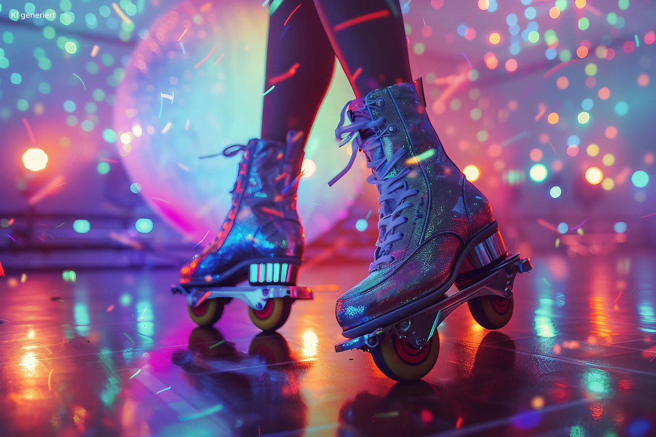 Über eine Tanzfläche fährt eine Person mit Rollschuhen vor einem Neonhintergrund. 