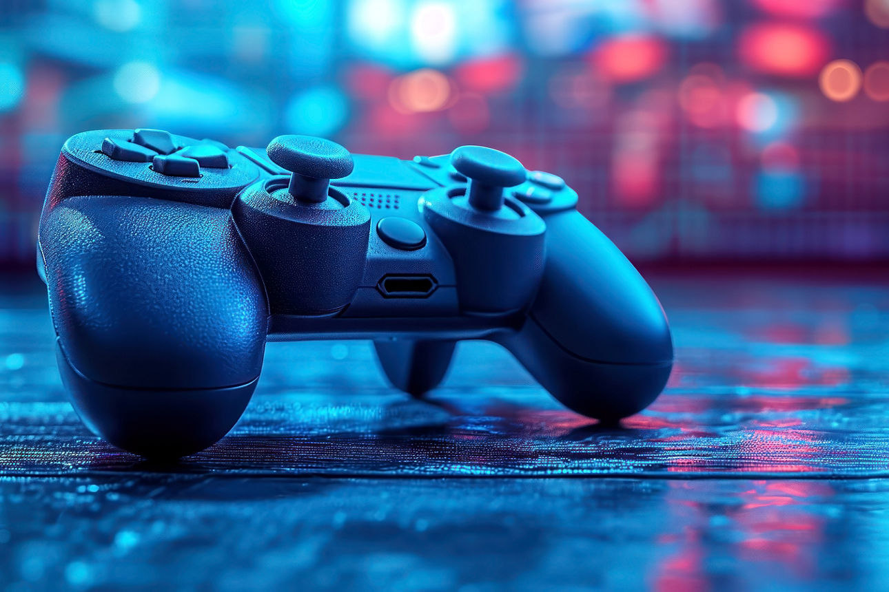 Ein schwarzer Tablet-Controller liegt vor einem neonfarbenen Hintergrund