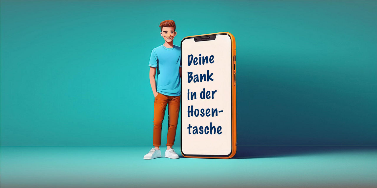 Eine gezeichnete Person steht neben einem übergroßen Smartphone mit dem Text „Deine Bank in der Hosentasche“.