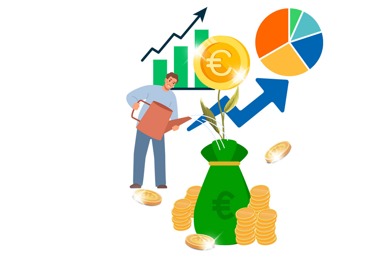 Ein Mann gießt eine Pflanze, die aus einem Geldsack wächst, umgeben von Münzen und Diagrammen.