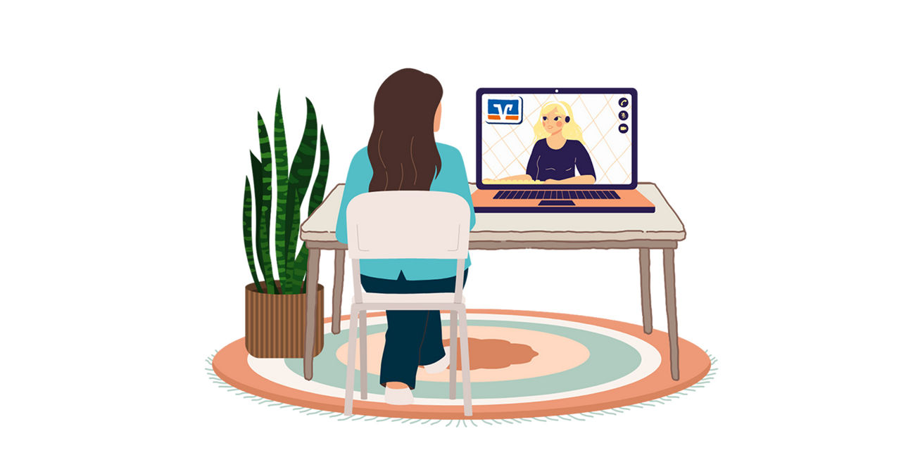 Person am Laptop, Videokonferenz mit zweiter Person, Pflanze links.