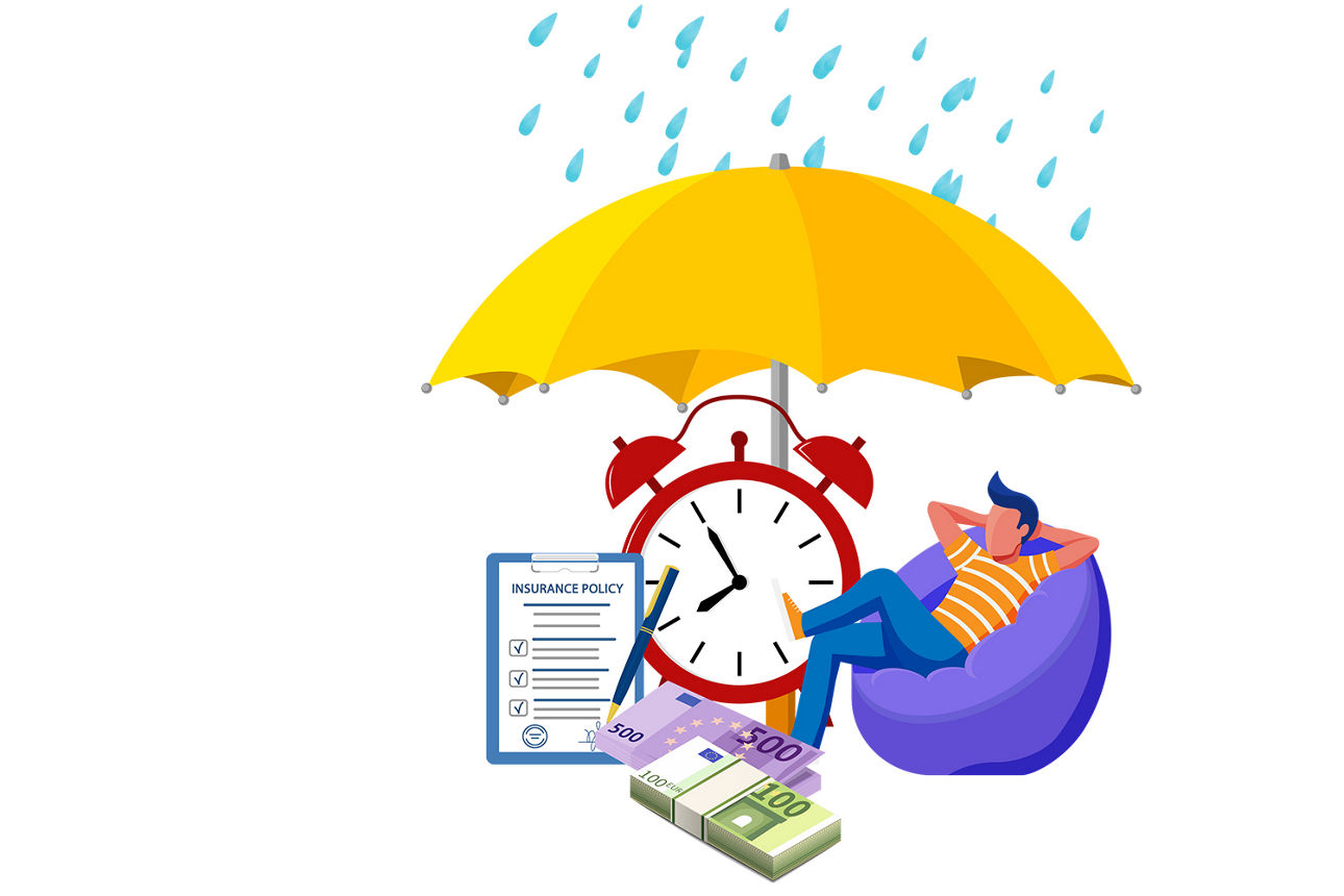 Ein Mann liegt entspannt unter einem großen gelben Regenschirm, umgeben von Geldscheinen, Uhr und Versicherungspapieren.