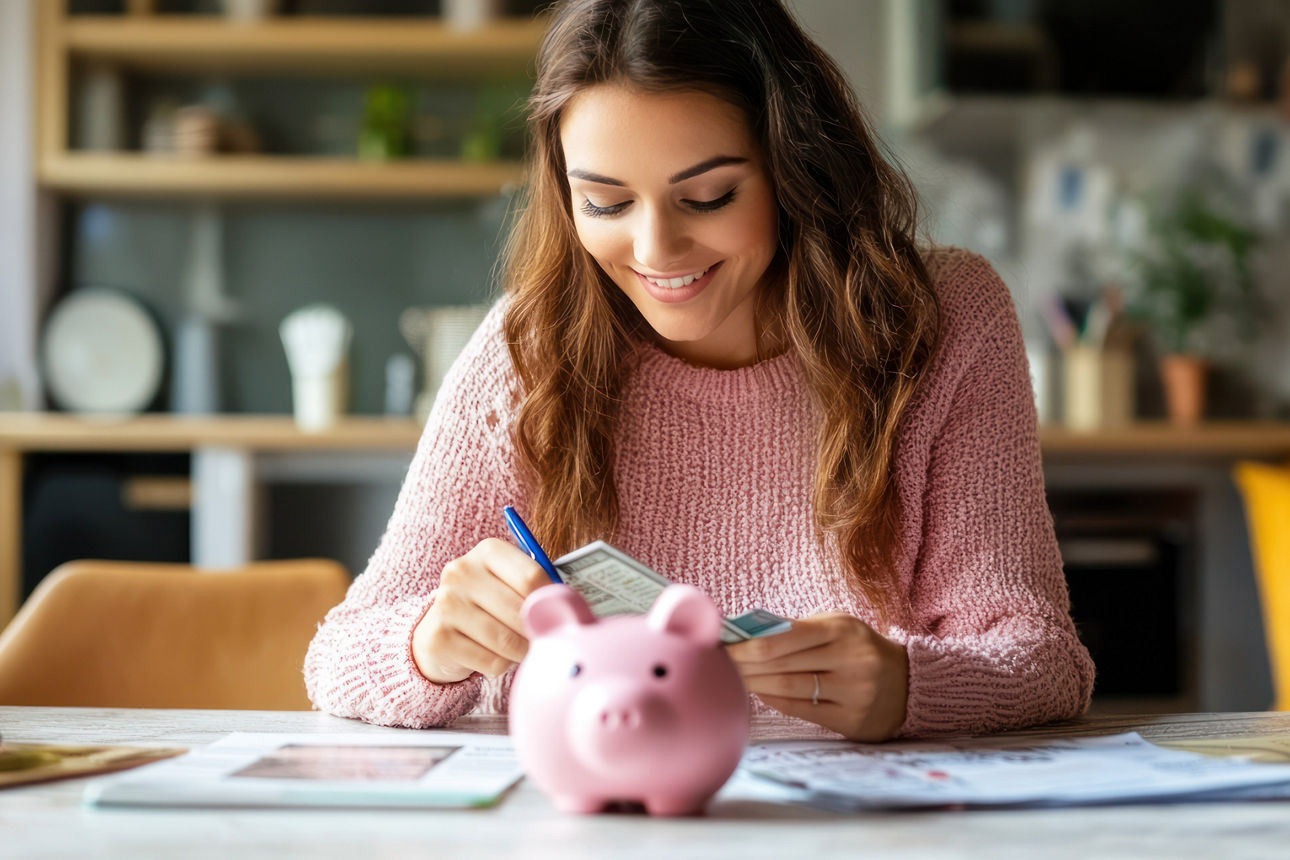 Eine Frau sitzt in der Wohnung am Esstisch, im Vordergrund steht ein Sparschwein.