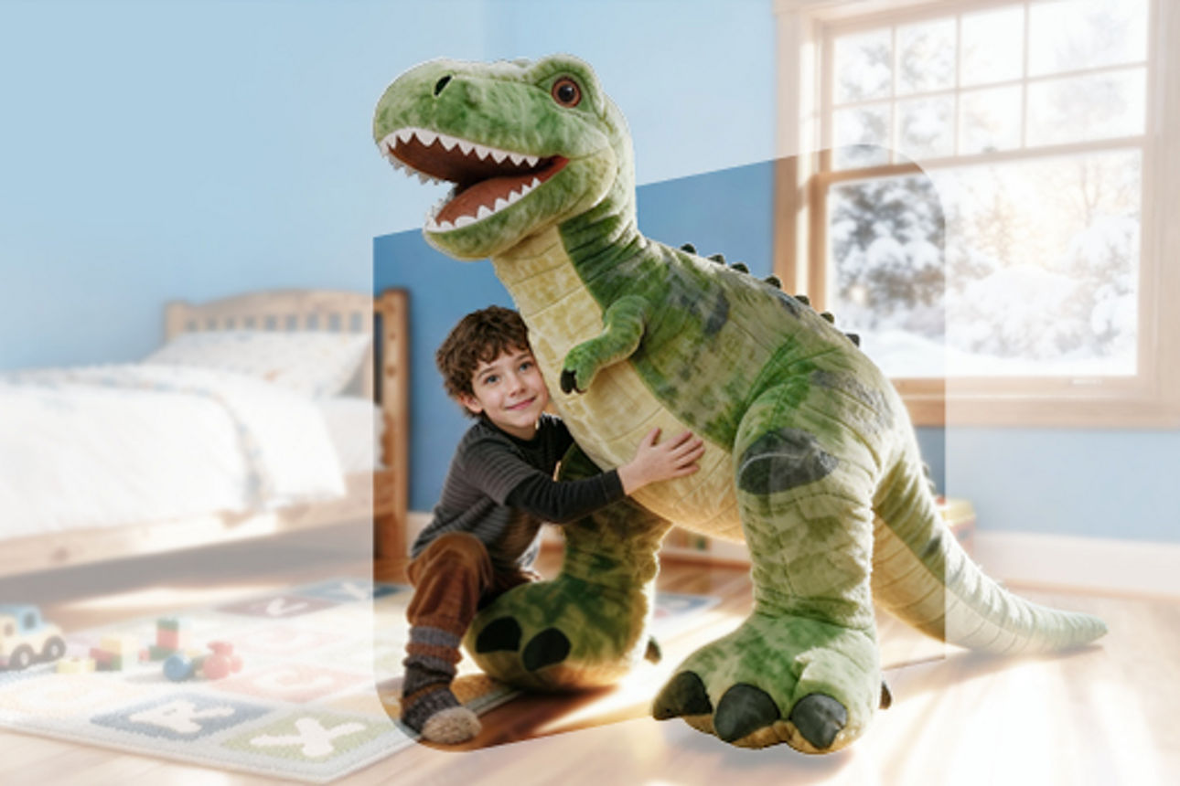 Kleiner Junge mit großem Stofftier-Dinosaurier