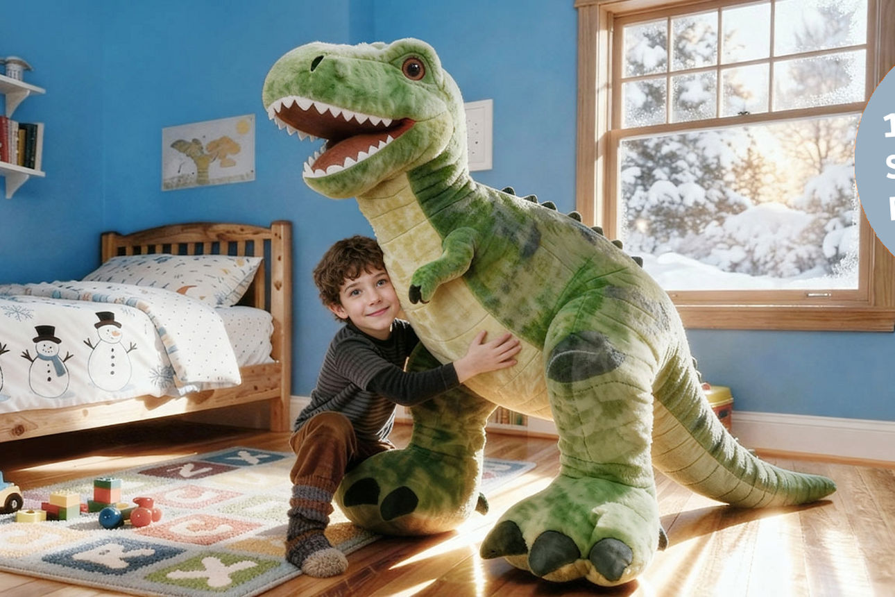 Ein kleiner Junge kniet in seinem Zimmer auf dem Teppich und umarmt einen großen Plüsch-Dinosaurier
