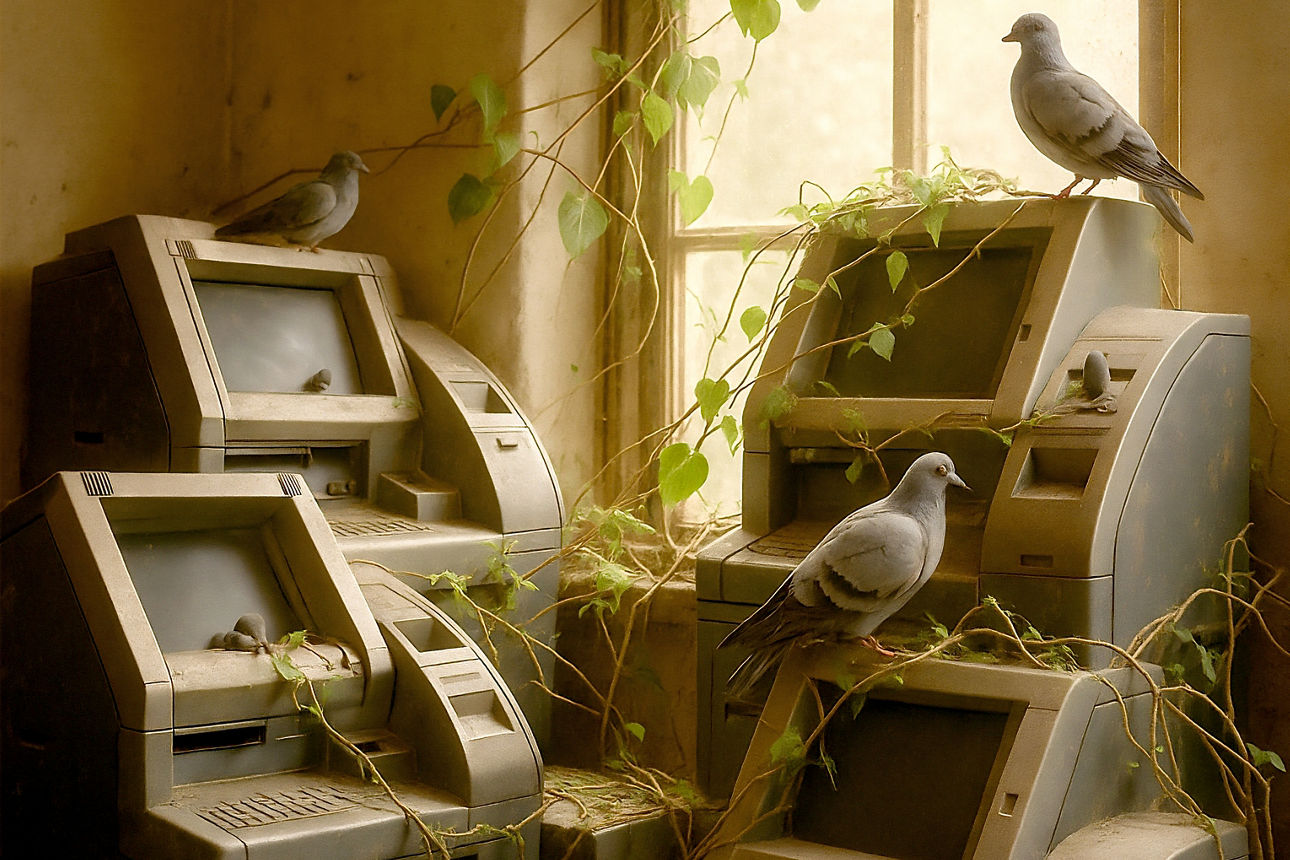 KI-generiertes Bild: Verlassener Raum mit alten Kontoauszugsdruckern, überwuchert von Pflanzen, mit einfallendem Sonnenlicht und Tauben.