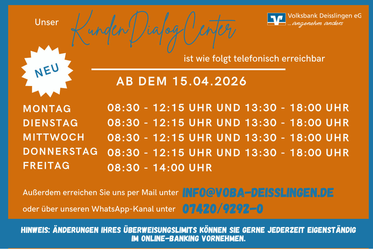 Banner "Neue Erreichbarkeit unseres KundenDialogCenters"