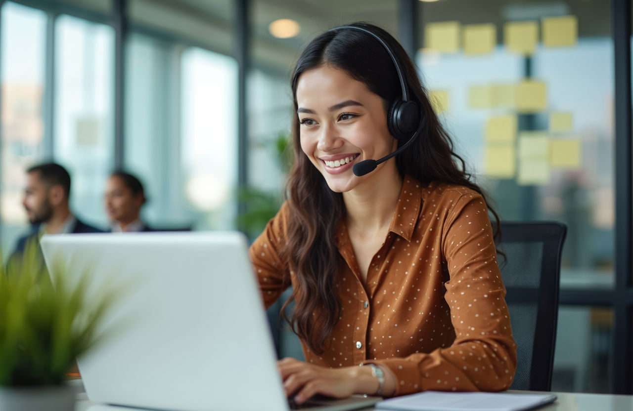 Young woman in headset working on laptop in office. Smiling hispanic businesswoman types on computer keyboard during video call. Help desk employee assists client. Online support service, at workplace