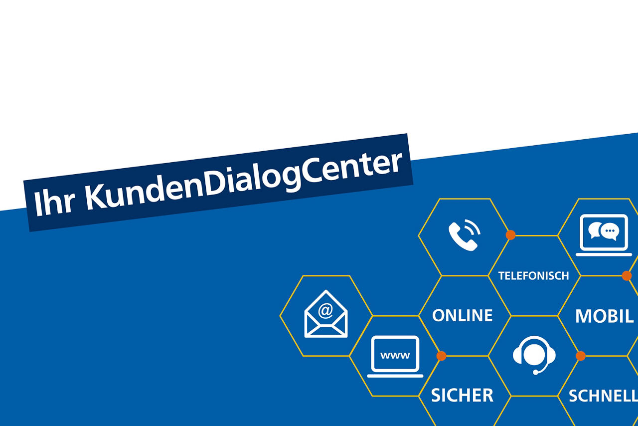 Ein Werbebanner mit dem Text „Ihr KundenDialogCenter“ oben links auf einem weißen und blauen Hintergrund. Rechts im Bild befinden sich sechseckige Icons mit Symbolen und Begriffen: Telefonisch, online, sicher, mobil, schnell