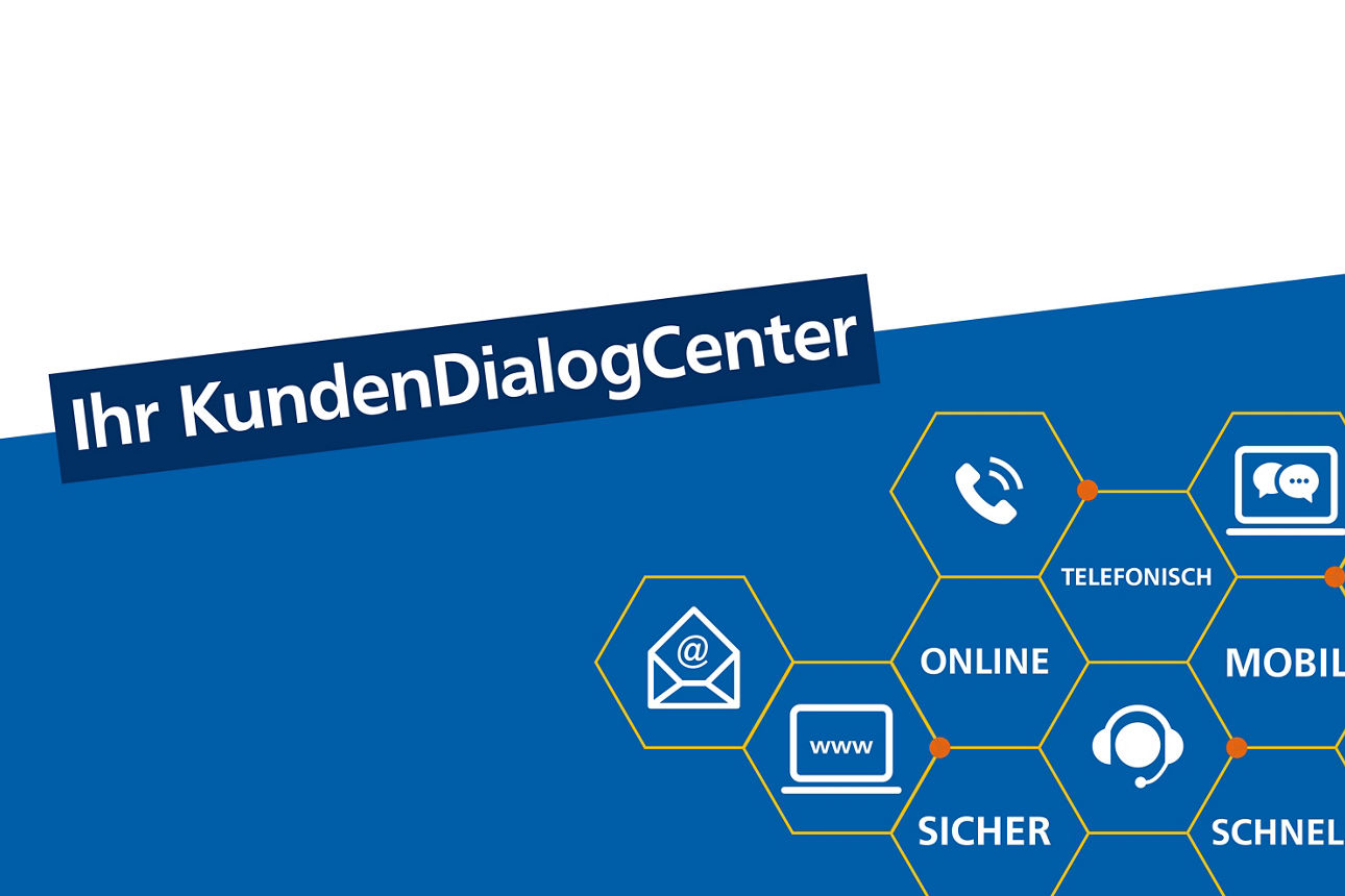 Ein Werbebanner mit dem Text „Ihr KundenDialogCenter“ oben links auf einem weißen und blauen Hintergrund. Rechts im Bild befinden sich sechseckige Icons mit Symbolen und Begriffen: Telefonisch, online, sicher, mobil, schnell