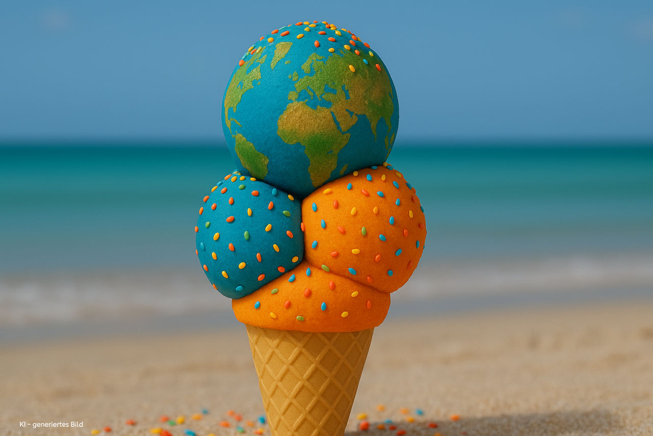 Ein Eis mit drei Kugeln und oben drauf der Weltkugel mit Streuseln am Strand