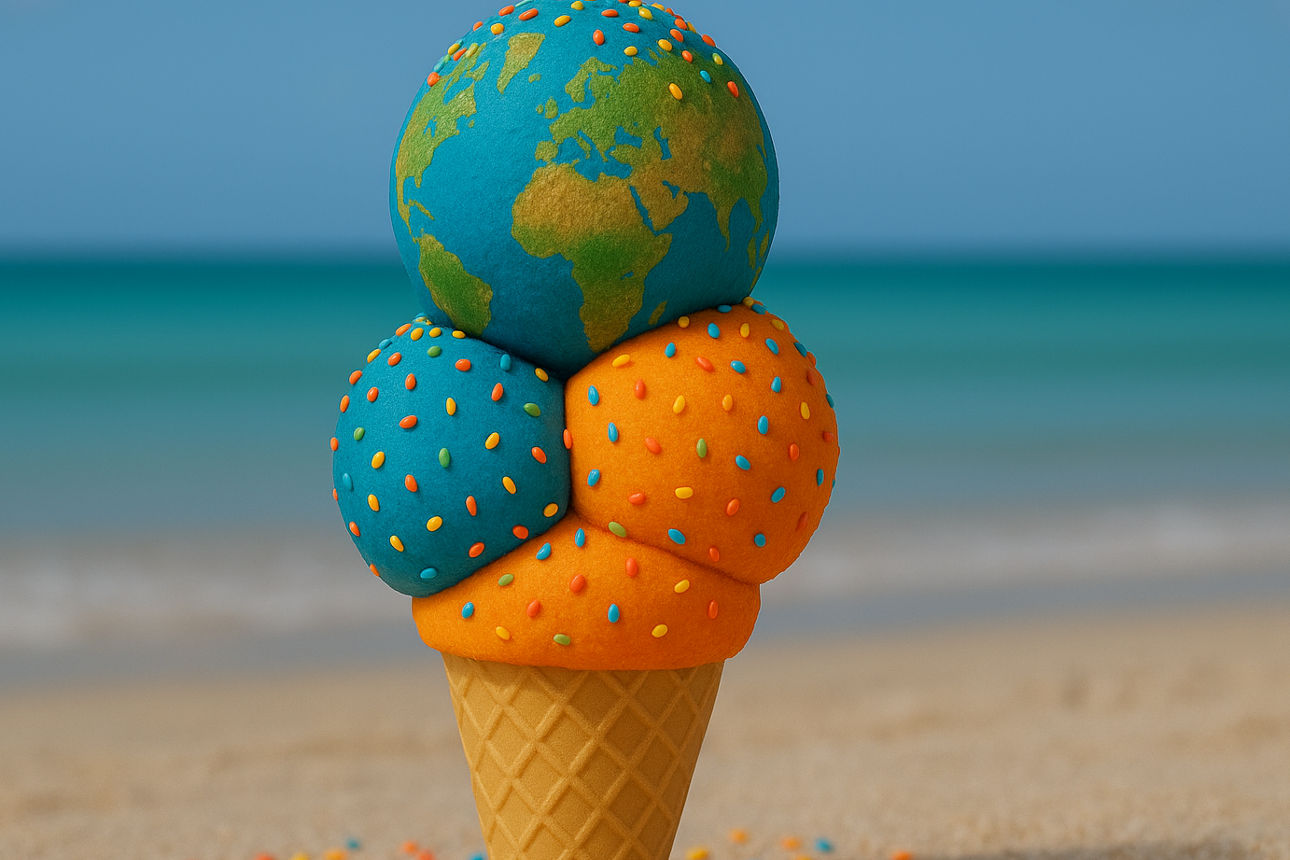 Ein Eis mit drei Kugeln und oben drauf der Weltkugel mit Streuseln am Strand
